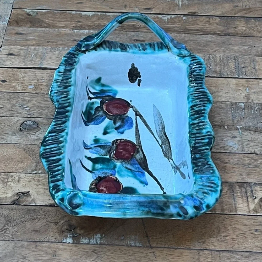 Vintage Italian Hand Painted Art Pottery Casserole Bread Basket Oven Safe